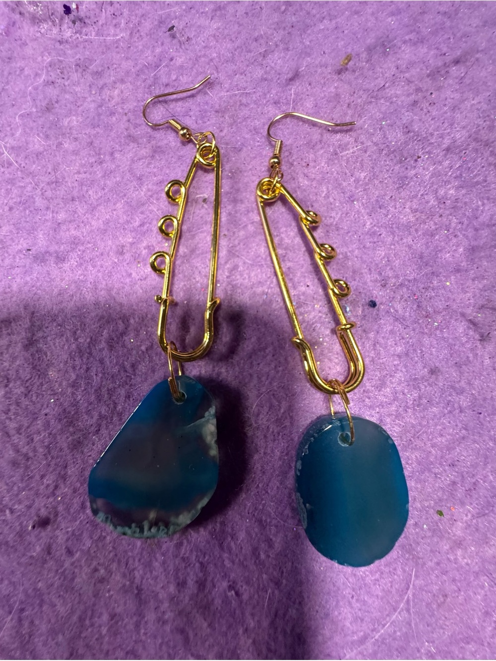 Gold Safety Pin Drop Earrings with Teal Agate Pendants - Women Jewelry